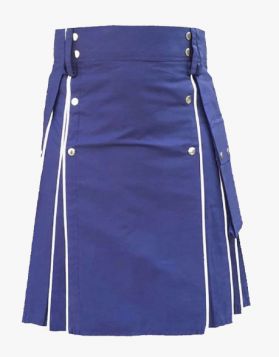 Blue Utility Kilt with White Piping- Front Image