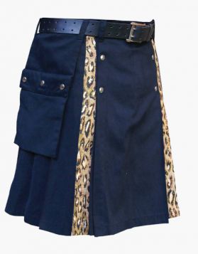 Blue with Leopard Pleated Hybrid Kilt 