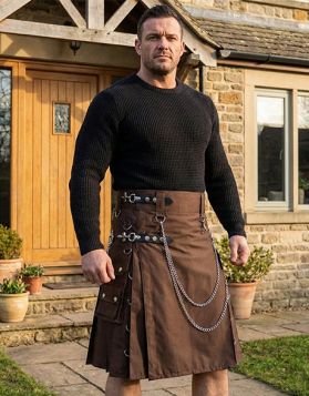 Brown Gothic Utility Kilt with Chains and Leather Straps