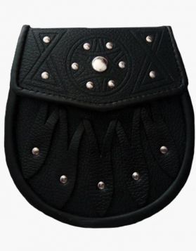 Celtic Design Black Leather Sporran with S-Chain Kilt Belt- Front Image