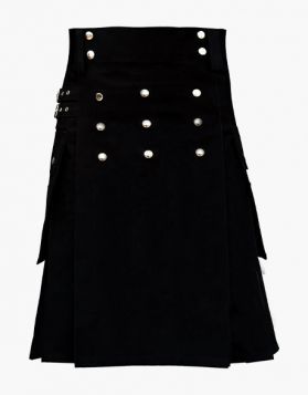 Classic Black Fashion Kilt with Studded Apron- Front Image