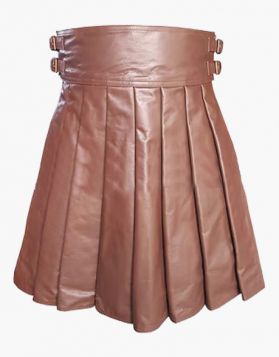 Brown Pleated Leather Kilt - Front Image