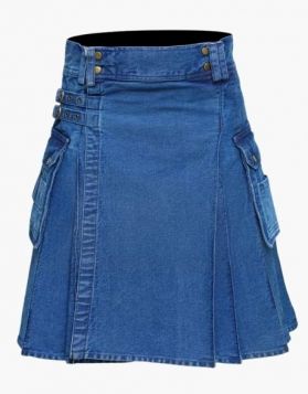 Sky Blue Denim Kilt with Flap Pockets- Front Image