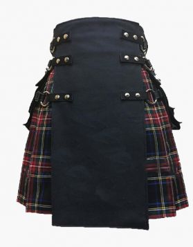 Fashion Black and Black Stewart Tartan Gothic Hybrid Kilt - Front Image 
