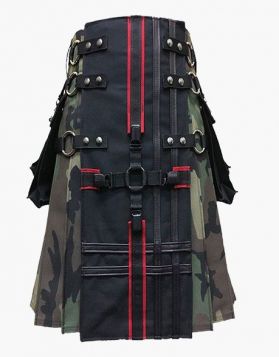 Fashion Black and Woodland Camo Tactical Kilt - Front Image 