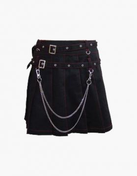 Female Black Pleated Fashion Mini Kilt with Red Thread - Front Image 
