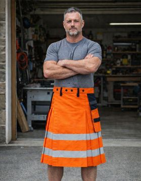 Fluorescent Orange and Black Firefighter Kilt with Multiple Pockets- Front image