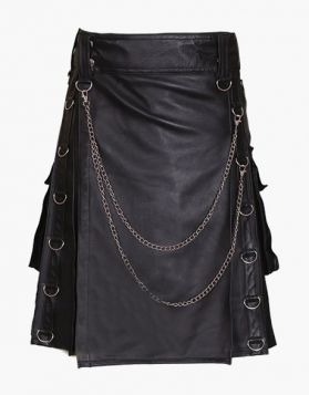 Gothic Black Leather Kilt with Silver Chains -Front Image