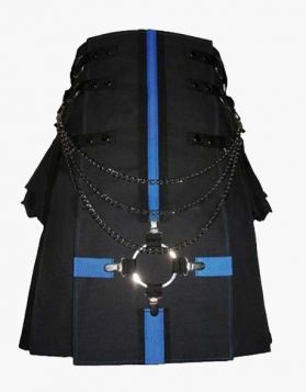 Gothic Black Utility Kilt with Blue Straps - Front Image 