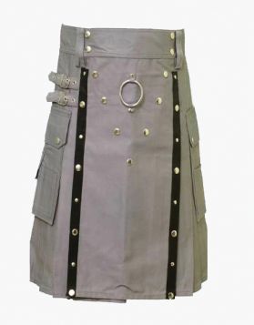  Gothic Grey Utility Kilt with Studded Apron - Front Image