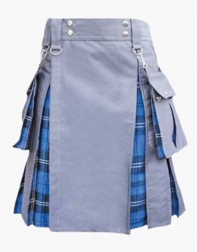 Grey and Ramsey Blue Hybrid Kilt with Detachable Pockets- Front Image