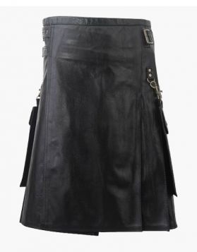 Handmade Black Leather Kilt with Detachable Pockets- Front Image
