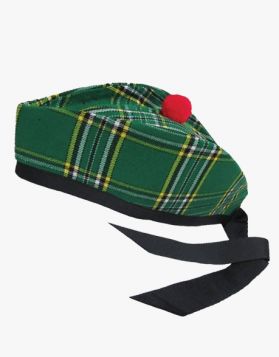 Irish Green Tartan Glengarry Hat with a Red Pom-pom - Front Image