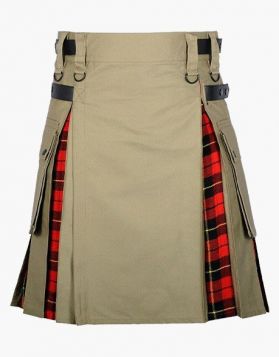 Khaki and Wallace Tartan Hybrid Kilt with Pockets- Front Image