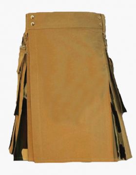 Khaki and Woodland Hybrid Kilt with Detachable Pockets - Front Image