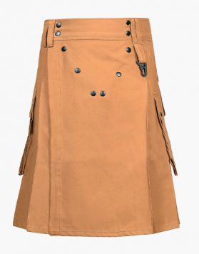 Khaki Modern Utility Tactical Kilt with Slant Pockets- Front Image