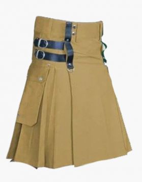Khaki Utility Kilt with Front Leather Straps - Front Image
