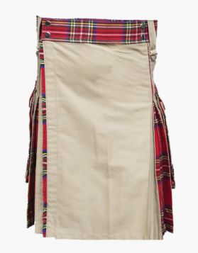 Khaki with Royal Stewart Tartan Hybrid Kilt- Front Image