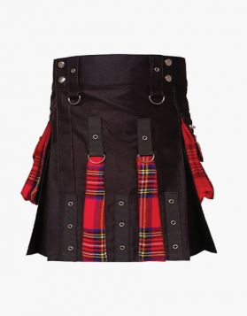 Ladies Black and Royal Stewart Hybrid Kilt With Flap Pockets - Front Image