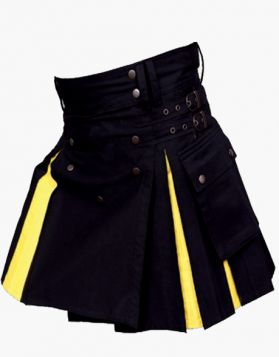 Ladies Black and Yellow Hybrid Kilt with Studded Apron