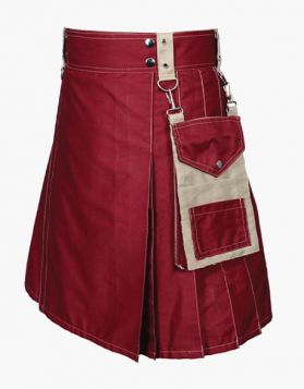 Maroon and Khaki Utility Kilt with Detachable Pockets- Front Image