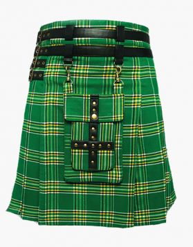 Men Irish Green Modern Tartan Utility Kilt - Front Image