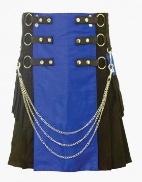 Men's Black and Blue Gothic Kilt with Chains - Front Image