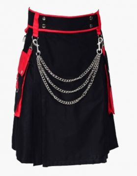 Mens Black and Red Two-Tone Utility Kilt with Chains - Front Image 