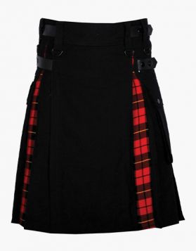 Men's Black and Wallace Tartan Hybrid Kilt with Cargo Pockets- Front Image