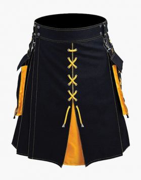 Men’s Black And Yellow Hybrid Kilt With Laces Style- Front Image