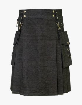 Men's Black Denim Kilt with Detachable Pockets- Front Image
