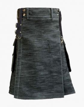 Mens Black Denim Kilt with Large Pockets