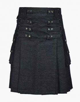  Men's Black Denim Kilt with Studded Straps