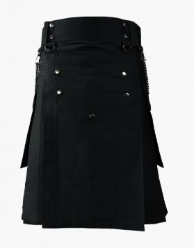 Mens Black Fashion Utility Kilt with Side Chains- Front Image