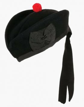 Men's Black Glengarry Hat with Red Pom-pom- Front Image