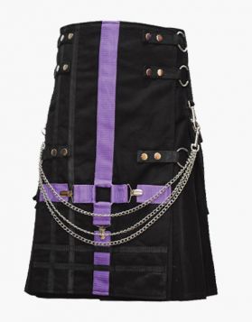 Men's Black Gothic Kilt with Purple Straps- Front Image