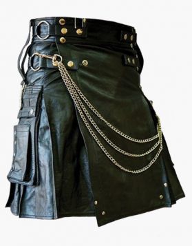 Men's Black Gothic Leather Kilt with Chains- Front Image