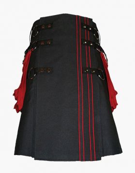  Mens Black Gothic Utility Kilt with Red Pockets - Front Image