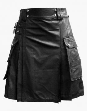 Men's Black Leather Kilt- Front Image