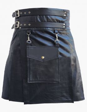 Mens Black Leather Kilt with Detachable Pocket - Front Image