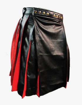 Mens Black Leather Kilt with Red Pleats