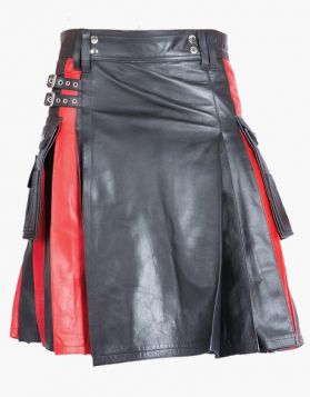 Stylish Black Leather Kilt with Red Pleated Design - Front Image 