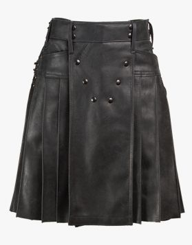Mens Black Leather Kilt with Side Laces Design - Front Image