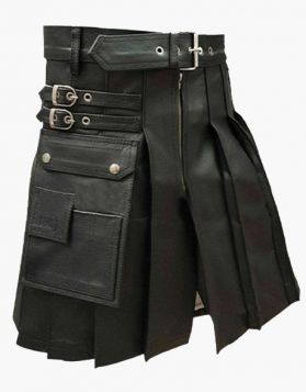 Mens Black Pleated Leather Kilt- Front Image