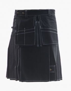 Mens Black Working Utility Kilt with White Thread - Front Image 