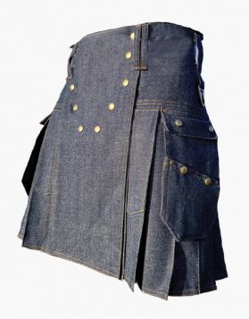 Mens Blue Denim Kilt with Laces Style-Front Image