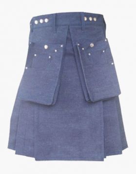 Mens Blue Denim Kilt with Large Pocket - Front Image 
