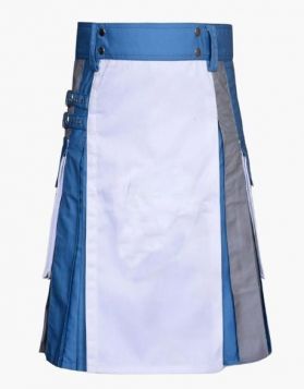 Stylish Red and Black Hybrid Kilt with Detachable Grey Apron - Front Image