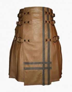 Men's Brown Leather Gothic Kilt with Black Straps- Front Image