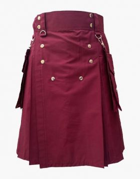 Men's Burgundy Utility Kilt with Studded Apron- Front Image